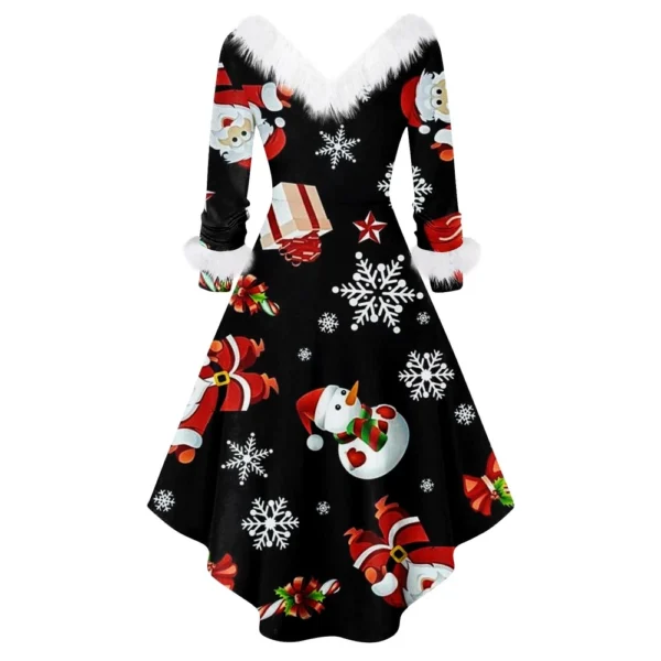 Women's Fashion V-neck Casual Fit Christmas Print Party Long Sleeve Dress - Image 9