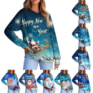 Women's Casual Fashion Comfortable Raglan Sleeve V-Neck Christmas Print