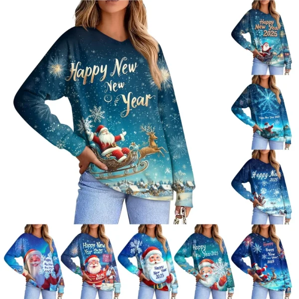 Women's Casual Fashion Comfortable Raglan Sleeve V-Neck Christmas Print
