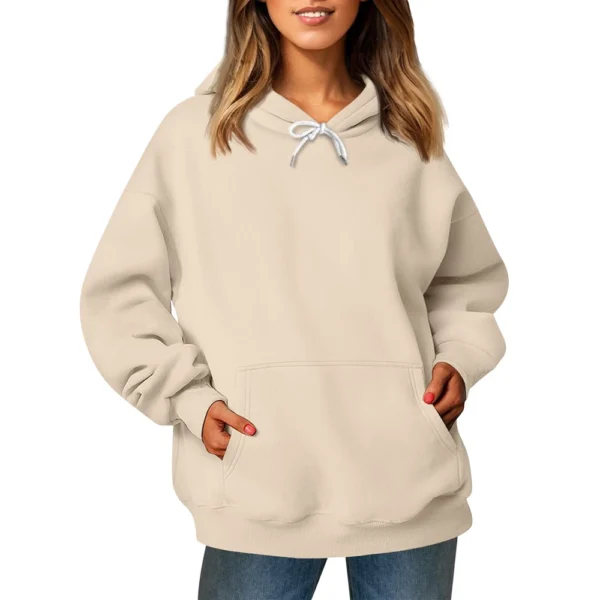 Ladies' Fashionable Casual Long Sleeved Round Neck Hooded Solid Color Hoodie - Image 11