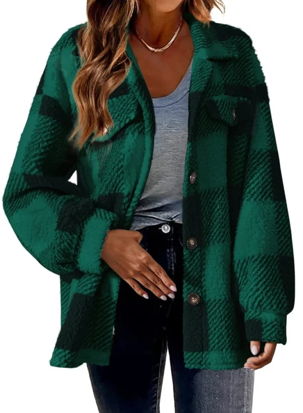 Pocket Plaid Jacket Button Plush Jacket - Image 8