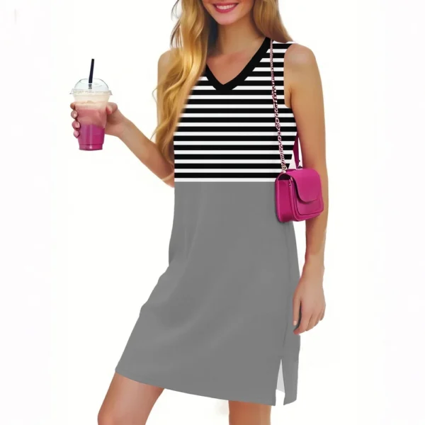 Women's Casual Fashion Sexy V-neck Sleeveless Striped Hem Slit Dress - Image 16