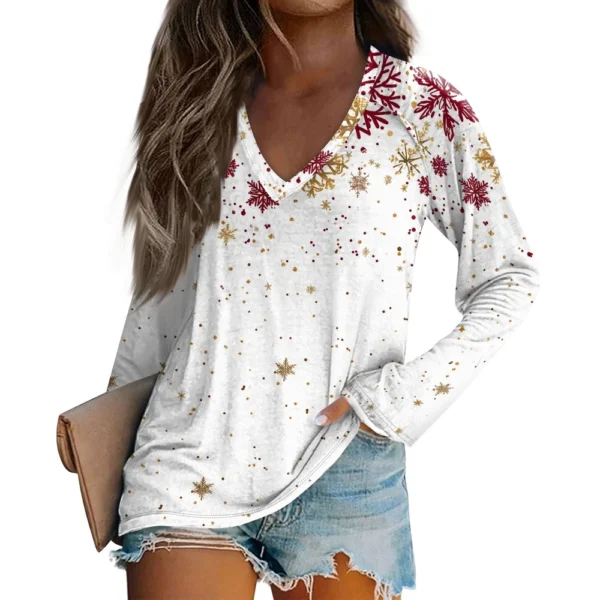 Women's Comfortable V-Neck Casual Long Sleeved Top Christmas Printed T-Shirt - Image 5