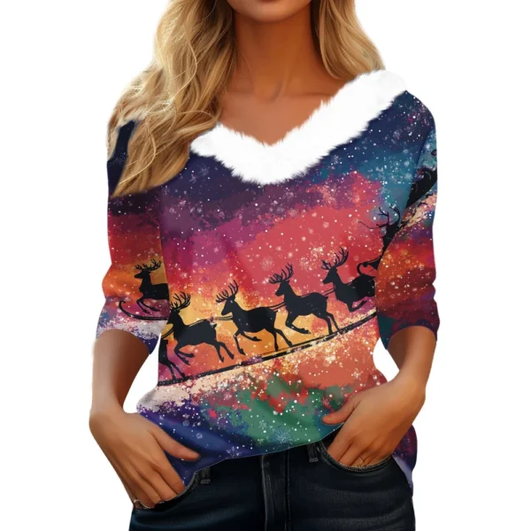 Women's Party Fleece Collar Shirt T Shirt Christmas Long Sleeve V Neck Top - Image 29