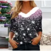 Women's V Neck Christmas Party Top Fleece Collar Shirt Long Sleeve T Shirt - Image 25