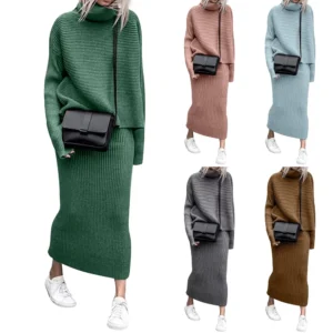 Women's Casual Loose Knit Sweater Top Long Skirt Two-piece Set