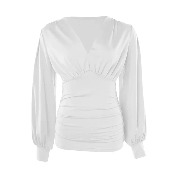 Long Sleeve For Women Fashion V Neck Retro Print Waist Wrapped Top T-shirt - Image 2