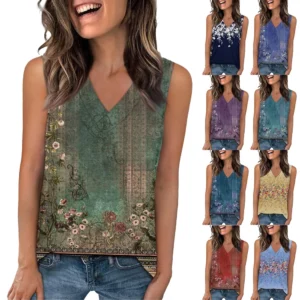 Tank Top Women Casual Printed Soft Summer V Neck Sleeveless Tops