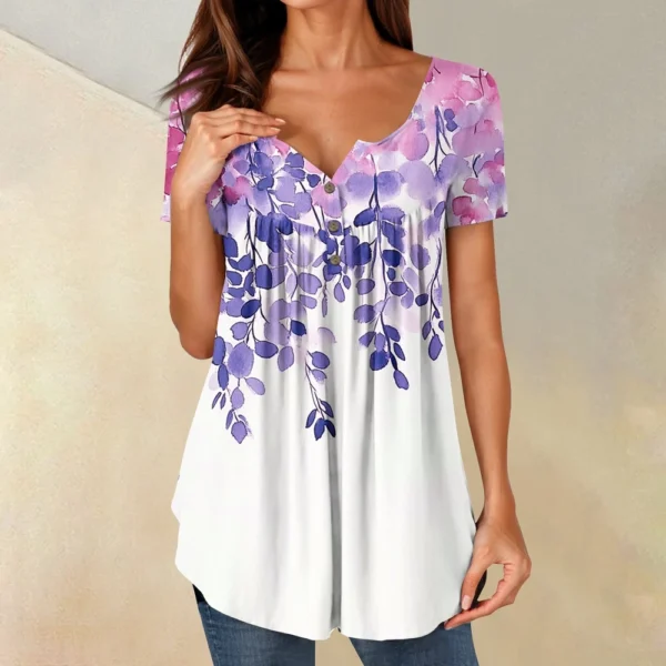 Women Tunic Tops Dressy Casual Summer Short Sleeve Shirts Loose Fit Pleated - Image 40