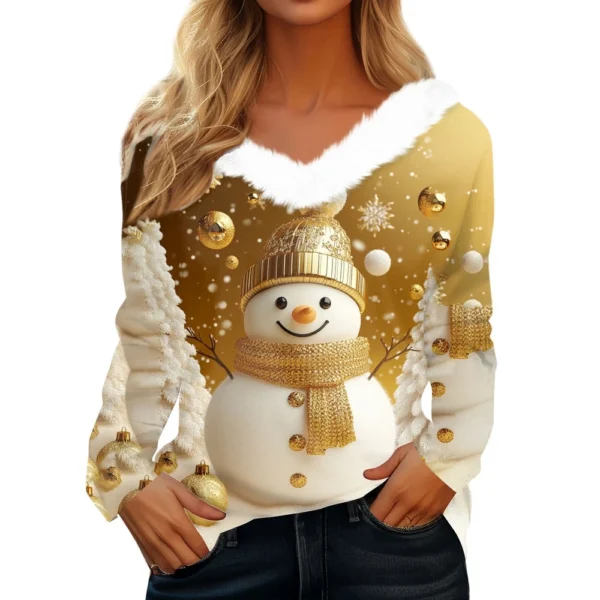 Women's Long Sleeve Christmas Printed Party Plush Neck Wide Casual V-Neck Top - Image 5