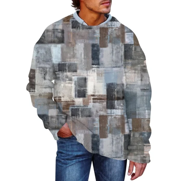 Men'S Printed Synthetic Sweater Round Neck Sportswear Loose Long Sleeved Top - Image 2