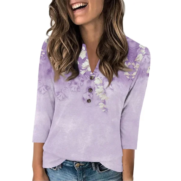 Women's Fashion Casual Loose 3/4 Sleeve Printed Round Neck Top - Image 20