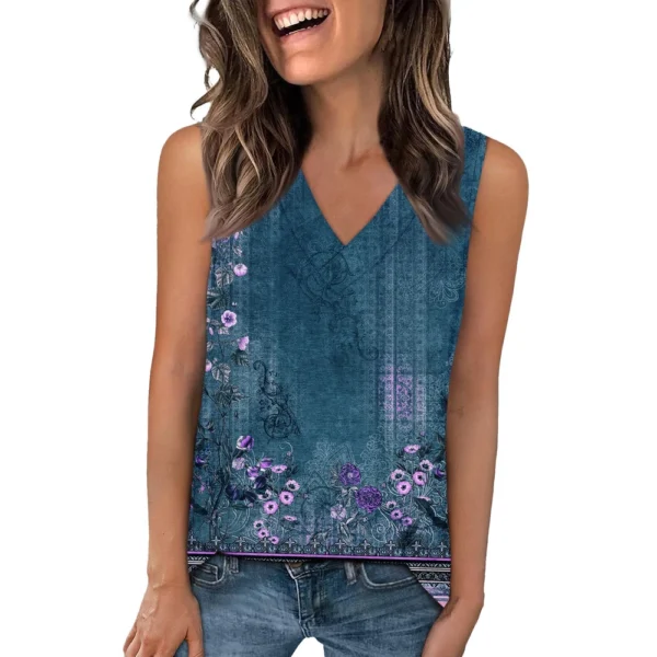 Tank Top Women Casual Printed Soft Summer V Neck Sleeveless Tops - Image 26