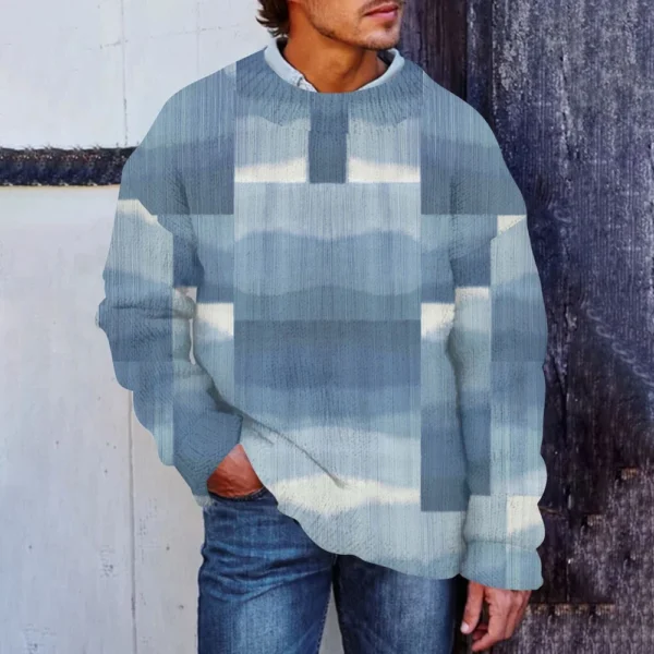 Men'S Printed Synthetic Sweater Round Neck Sportswear Loose Long Sleeved Top - Image 25