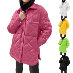 Women's  Loose Casual Solid Color Medium Long Diamond  Down Cotton Jacket,