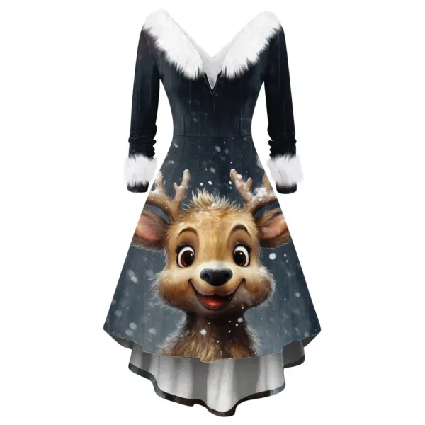 Women's Fashion V-neck Casual Fit Christmas Print Party Long Sleeve Dress - Image 17