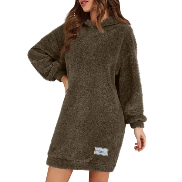 Women's Fashion Hooded Long Sleeve Plush Dress Solid Color Casual Sweatshirt - Image 23