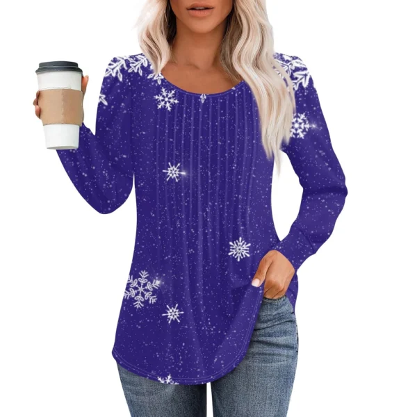 Women's Casual Christmas T-Shirt Round Neck Printed Pleated Long Sleeved Top - Image 7