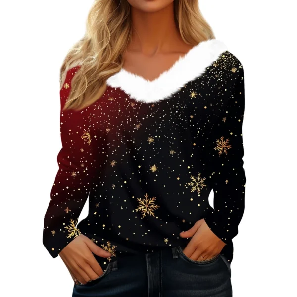 Women's Christmas Party V Neck T Shirt Fleece Collar Shirt Long Sleeve Top - Image 14