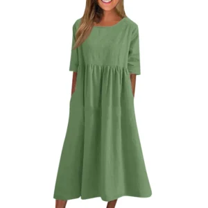 Women's Summer Solid Color Round Neck Half Sleeve  Casual Long Solid Color Dress