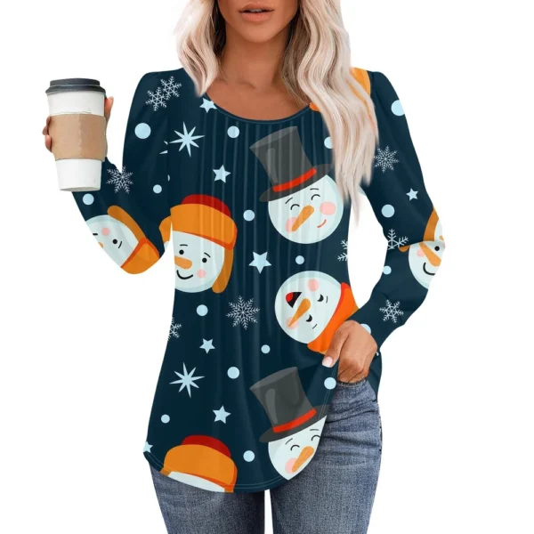 Women's Christmas Printed Top Round Neck Casual Pleated Long Sleeved T-Shirt - Image 3
