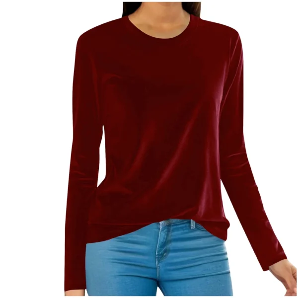 Women's Fashion Golden Velvet Solid Colour Round Neck Long Sleeve T-Shirt Top - Image 37