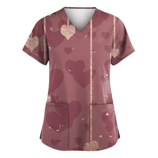 Women's Valentine's Day Printed  Uniform Work Uniform V-Neck Pocket Protective - Image 32