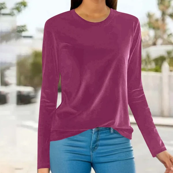 Women's Fashion Golden Velvet Solid Colour Round Neck Long Sleeve T-Shirt Top - Image 21