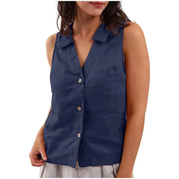 Women's Fashion Loose Solid Color Cotton And Linen Buttoned Lapel Vest Casual - Image 5
