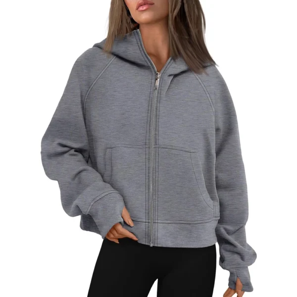 Women's Solid Color Zip-up Collar Hoodie With Sleeves And Fleece Hoodie Coat - Image 5