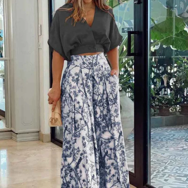 Short Top V-Neck Fashion Printed Wide Leg Pants - Image 10