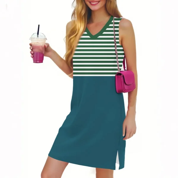 Women's Casual Fashion Sexy V-neck Sleeveless Striped Hem Slit Dress - Image 13