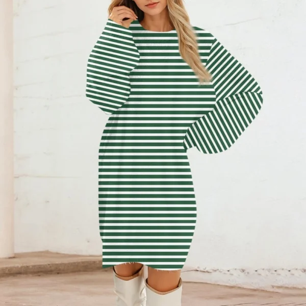 Women's Round Neck Casual Long Sleeve Plush Gradient Stripe Dresses - Image 24