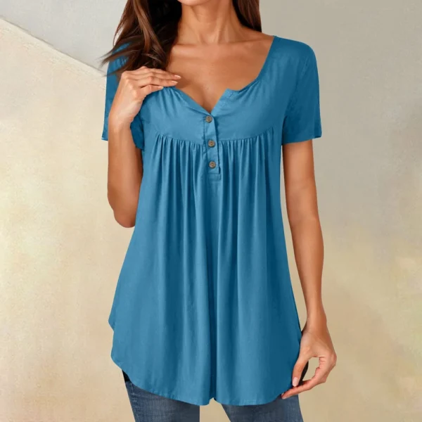 Women Tunic Tops Dressy Casual Summer Short Sleeve Shirts Loose Fit Pleated - Image 22