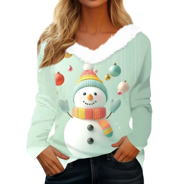 Women's Long Sleeve Christmas Printed Party Plush Neck Wide Casual V-Neck Top - Image 2