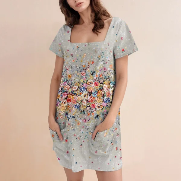 Women's Square Collar Short Sleeve Fashion Skirt Floral Print Pocket Casual - Image 19
