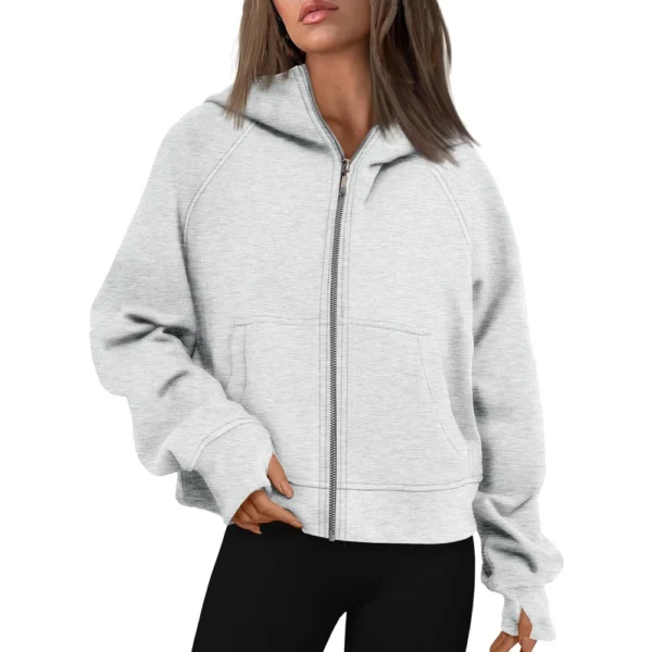 Women's Solid Color Zip-up Collar Hoodie With Sleeves And Fleece Hoodie Coat - Image 28