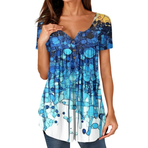 Women Tunic Tops Dressy Casual Summer Short Sleeve Shirts Loose Fit Pleated - Image 17