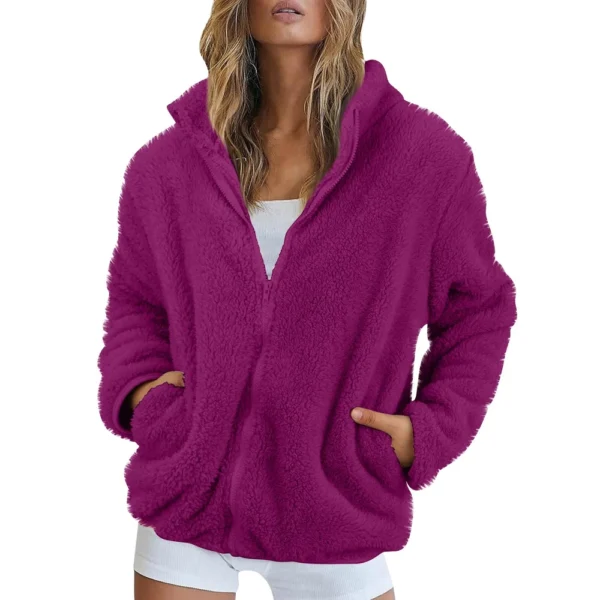 Women's Solid Color Loose High Neck Long Fleece Plush Warm Zipper Jacket - Image 40