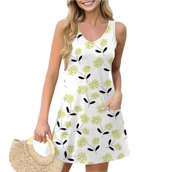 Women's Casual Summer Vest Dress With Pockets Floral Print V Neck Sleeveless - Image 23
