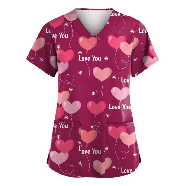 Women's Valentine's Day Printed  Uniform Work Uniform V-Neck Pocket Protective - Image 34