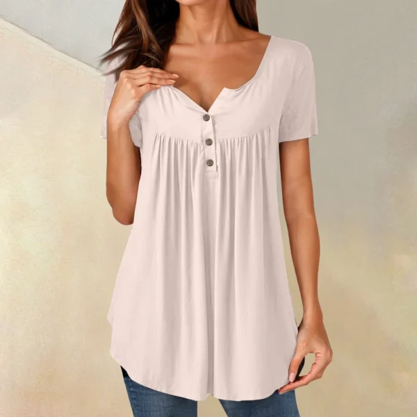 Women Tunic Tops Dressy Casual Summer Short Sleeve Shirts Loose Fit Pleated - Image 16