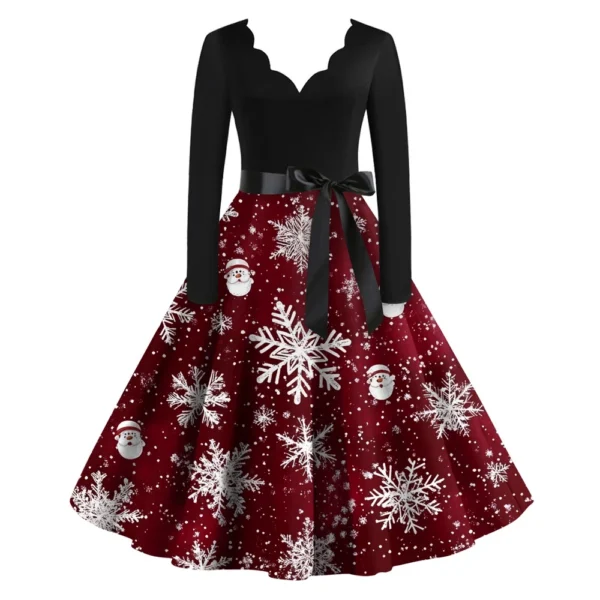 Women's Casual V-Neck Christmas Printed Fashion Long Sleeve Slim Dresses - Image 32