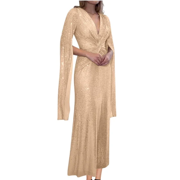 Women's Fashionable Solid Color V Neck Sequin Sexy Evening Dress Party Long - Image 13