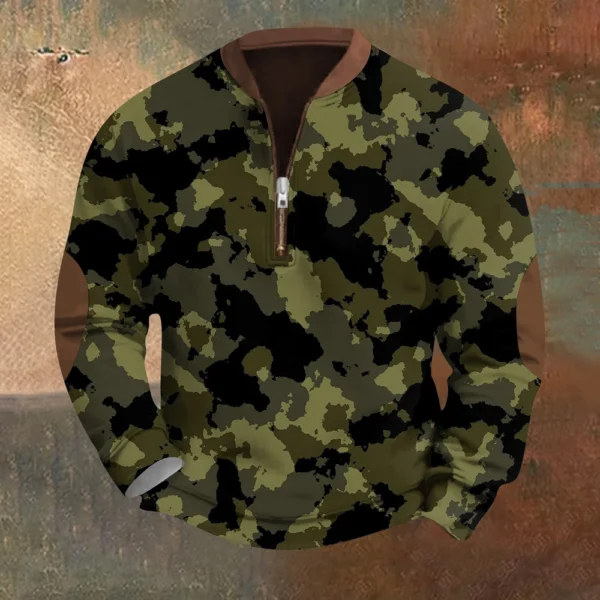 Men's Fashion Casual Half Zip Neck Loose Long Sleeve Camouflage Sweatshirt - Image 13