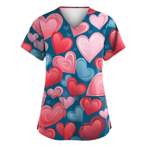 Women's Valentine's Day Printed  Uniform Work Uniform V-Neck Pocket Protective - Image 19