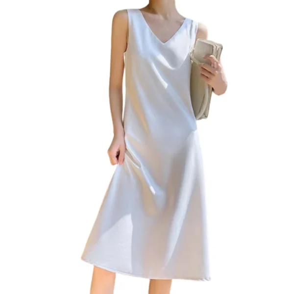 Women's Dress Satin Long Knee Length Summer Large Size Solid Color V-Neck Skirt - Image 28