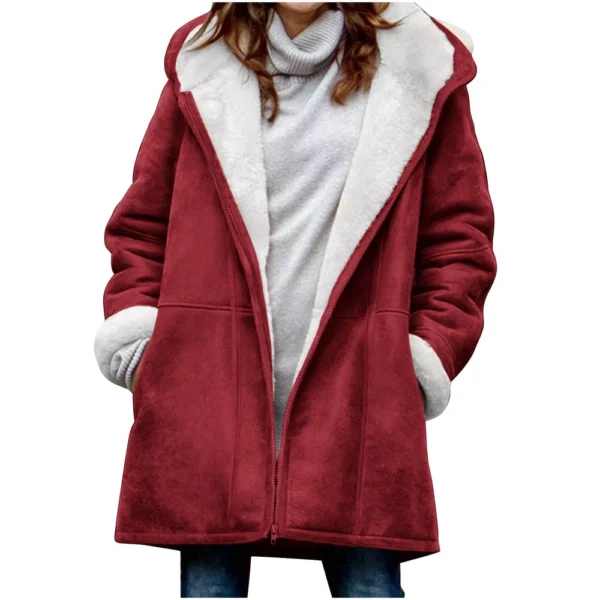 Women's  Fashionable Solid Color Warm Coat Long Sleeved Zipper Loose Hooded - Image 2