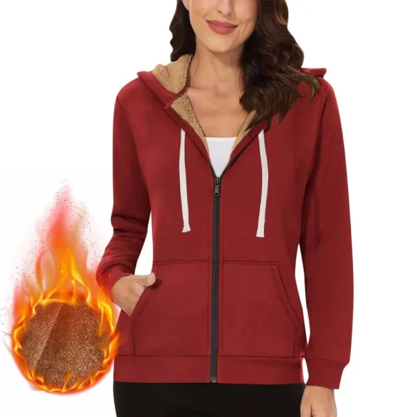 Lined Jacket Women Flannel Winter Warm Fleece Zip Up Hooded With Side Pockets - Image 29