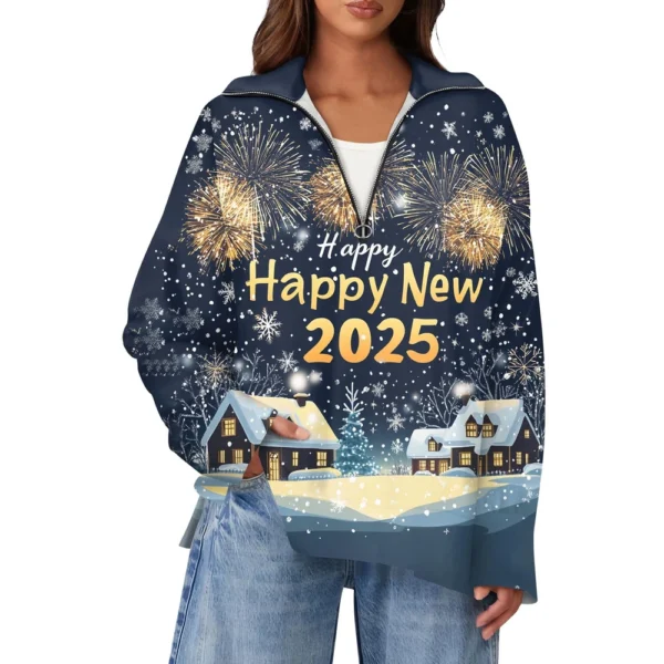Women's Casual Half Zipper Lapel Christmas Printed Pullover Top Side Slit - Image 8
